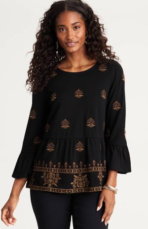Pure Jill Embroidered-Knit Flounced Top