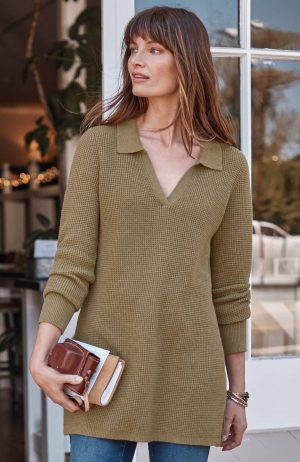 Textured Johnny-Collar Sweater Tunic