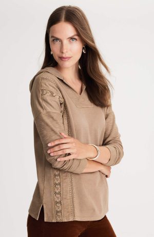 Garment-Dyed Mixed-Terry Crochet Hoodie