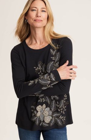 Embroidered Pleated-Back Top
