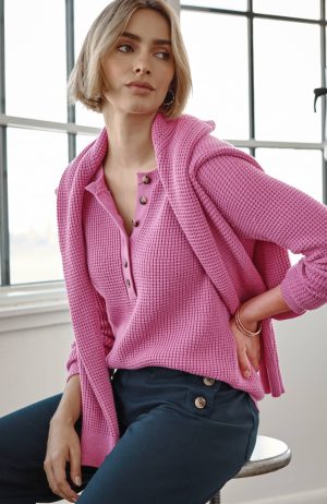 Waffle-Knit Henley Sweater