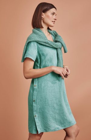Side-Button Linen V-Neck Dress