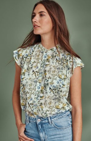 Shirred-Trim Cap-Sleeve Top