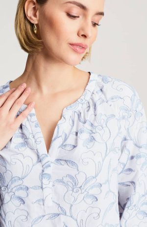Floral-Embroidered Peasant Top