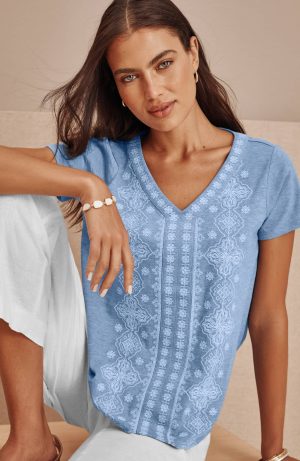 Pure Jill Embroidered Cap-Sleeve Tee