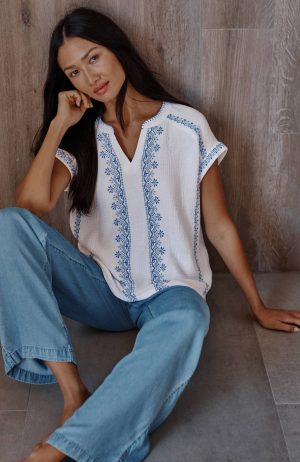 Pure Jill Cotton-Gauze Embroidered Top
