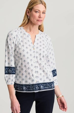 Border-Print Button-Front Top