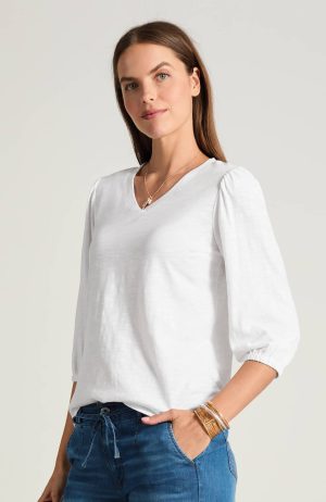 V-Neck Elastic-Sleeve Top