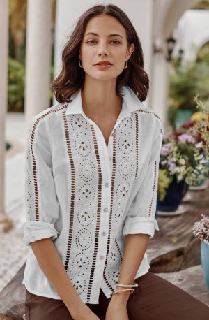 Linen Eyelet Button-Front Shirt