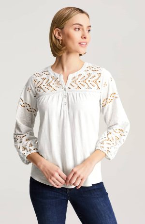 Mixed-Media Eyelet Henley Top