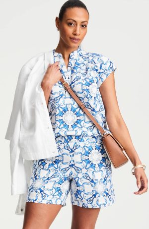 Linen-Blend Printed Top